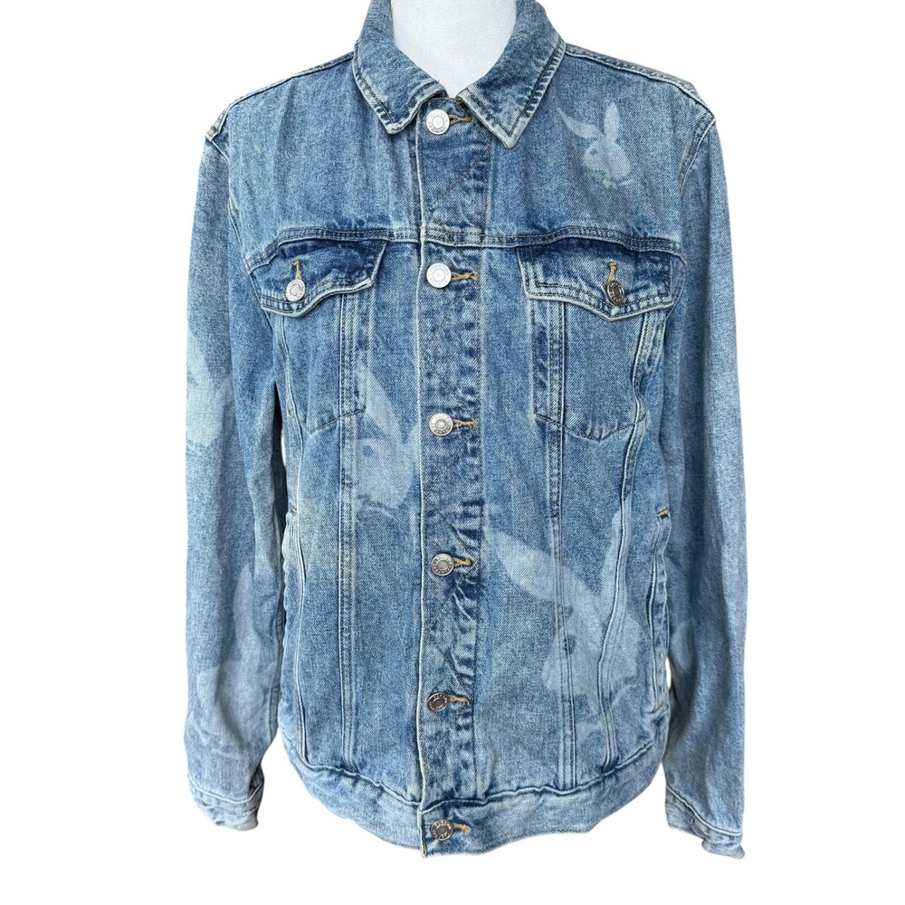 Playboy by PacSun Mens Blue Denim Trucker Jacket All Over Bunny Logo Print M